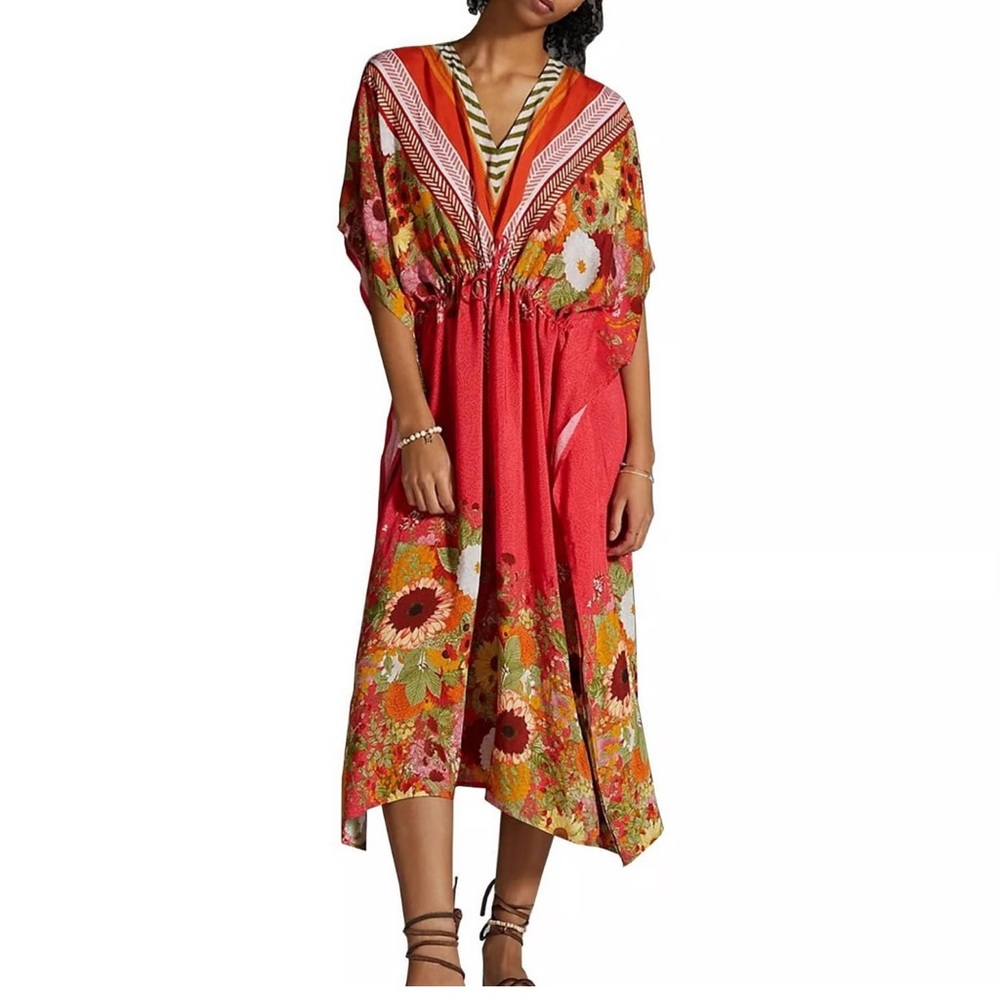 Anthropologie BL-NK LONDON V-Neck Kaftan Floral Sunflowers ONE SIZE Pool BOHO